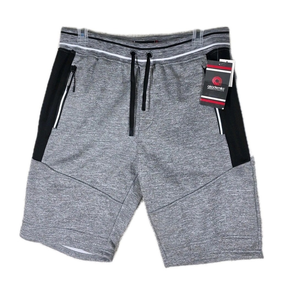 Akademiks Mens L Fleece 11" Shorts Light Grey Black Athletic Zipper Pockets NWT